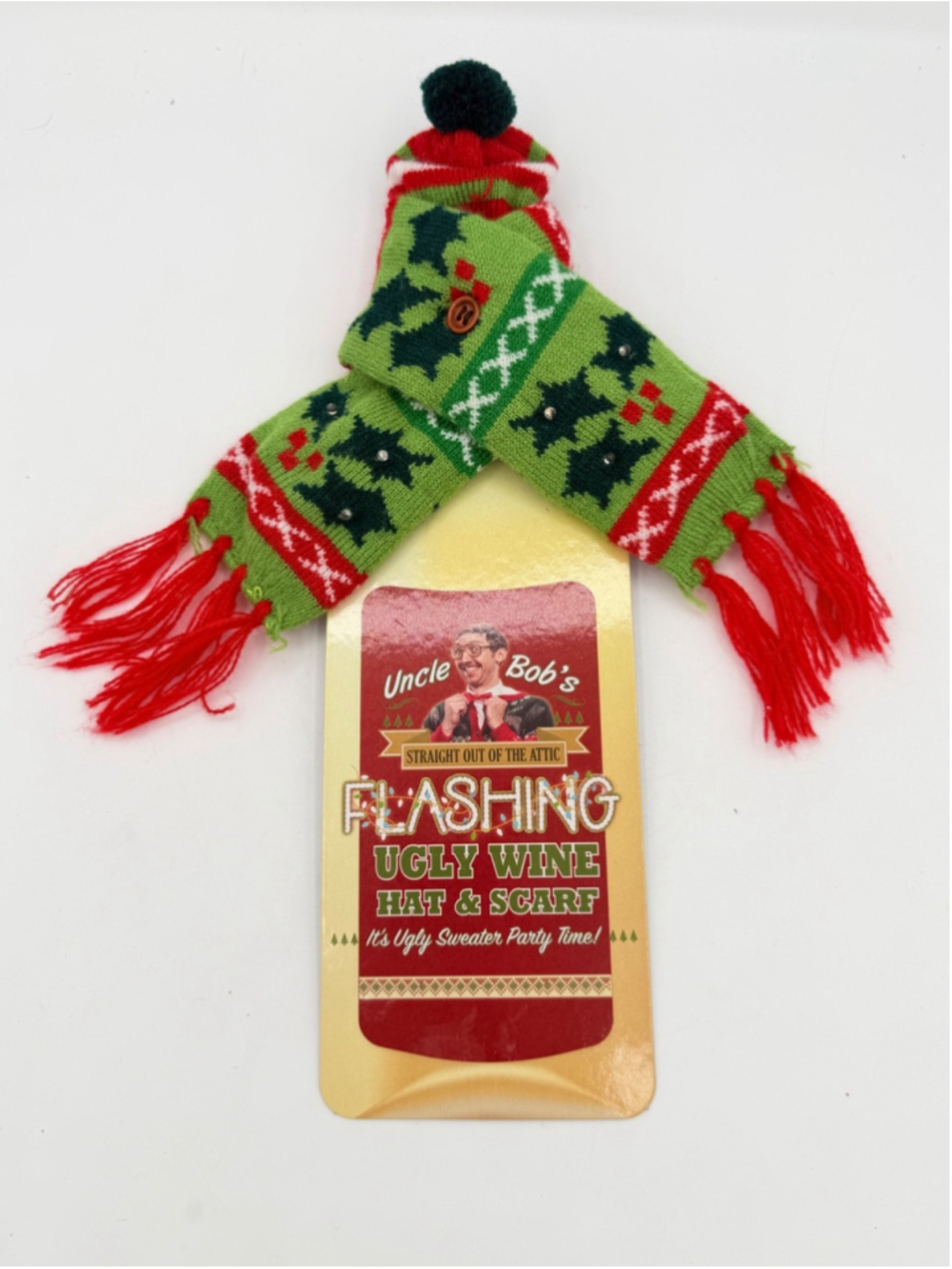 Flashing Ugly Sweater Wine Bottle Hat & Scarf Set LED Reindeer Christmas